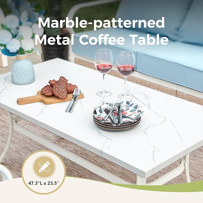 6 Piece Patio Furniture Set, 4 x Fixed Chair, 1 x 3-Seat Sofa with Marbling Coffee Table, All Cushioned 7 Seats Outdoor Conversation Set for Lawn Garden Backyard, Blue