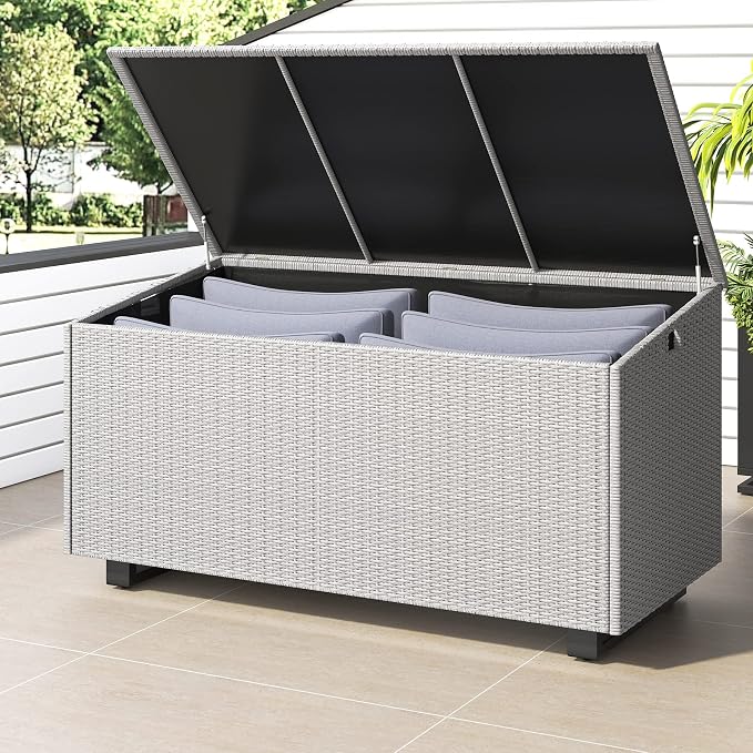 Lepus Large Outdoor Waterfroof Deck Box, 210 Gallon Rattan Deck Storage Box with Built-in Waterproof Bag for Seat Cushion on Patio Garden, Poolside (210, Grey)