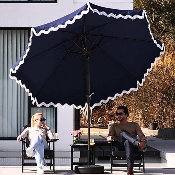 Patiokingdom 9FT Patio Umbrella with Fringe,Tassel Umbrella UPF 50+ & Push-Button Tilt,Rust-Resistant Fiberglass Frame for Pool,Garden,Backyard,Yard (Navy)