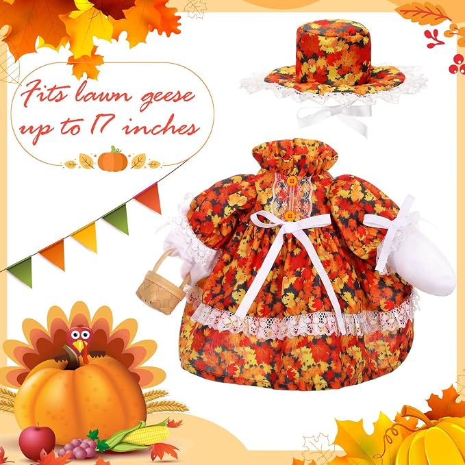 FuWeave Fall Porch Goose Outfit Maple Goose Costume Fancy Porch Geese Clothes with Wide Hat for 23" 17" Outdoor Patio