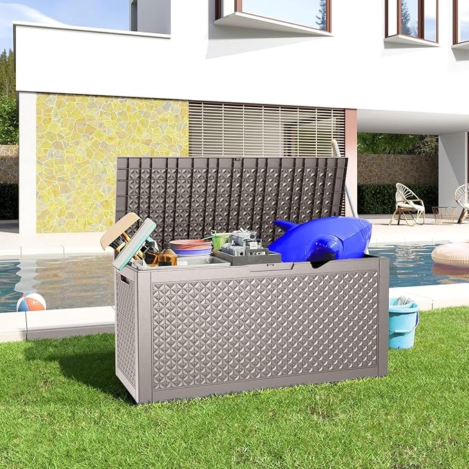 Resin Deck Box, Lockable Patio Outdoor Storage Box for Furniture, Garden Tools and Tools Storage, Waterproof Outside Storage Boxes (Patterned grey, 100 Gallon)