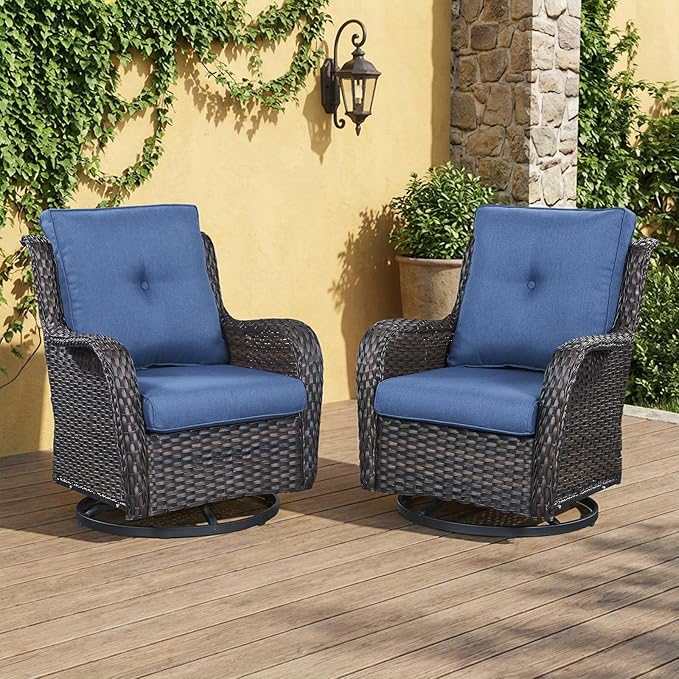 Outdoor Swivel Rocker Patio Chairs-Wicker Patio Swivel Chairs Set of 2 PE Rattan Patio Furniture for Porch Deck Balcony Garden-Brown/Blue