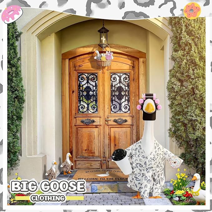 Shyyween Lady Porch Goose Outfit for 23'' Cement Plastic Lawn Goose Statue Clothes Silver Leopard Bathrobe Coffee Cup Curlers for Outdoor Garden Yard Patio Decoration