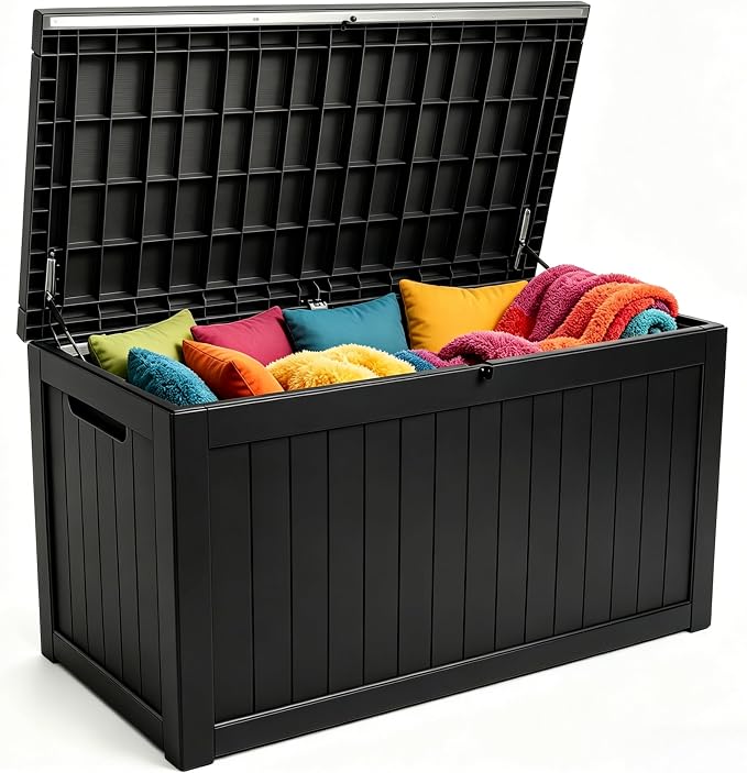 MAKINO 271 Gallon Large Resin Outdoor Storage Box, Waterproof Deck Box, Lockable Deck Container with Reinforced Support, Outdoor Chest for Patio Accessories, Outdoor Cushions, Garden Tools, Black