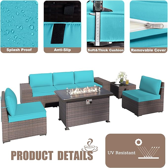 Patio Furniture Sectional Sofa Set 7-Pieces PE Rattan Patio Conversation Set w/43in Gas Fire Pit Table, Outdoor Furniture with 55000 BTU Propane Fire Pit, Blue