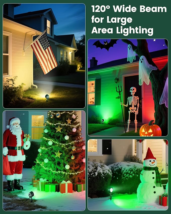 SURAIELEC Dusk to Dawn Christmas Spotlight Outdoor, Red & Green Decorative LED Landscape Spotlights with Timer, 6000K Daylight Waterproof Flood Lights for Yard, Tree, Flag, ETL Listed, 2 Pack