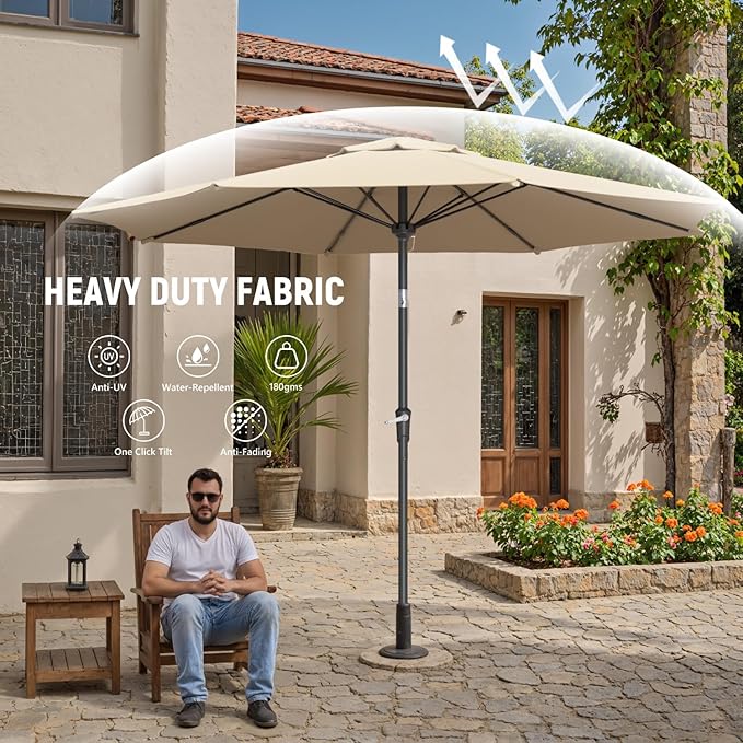 Outdoor Patio Umbrella with One Push Button Tilt and Crank, 8 Sturdy Ribs Market Table Umbrella