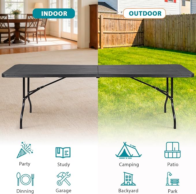 SUPER DEAL 8FT Folding Picnic Table for Indoor Outdoor, Portable Fold-in-Half Plastic Dining Camping Party Table with Carrying Handle, Black