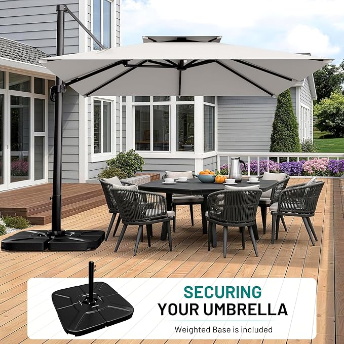 AreShark 10×10FT Double-Top Cantilever Patio Umbrella with Base Included, Offset Umbrella with 360 Degree Rotation, Heavy Duty Patio Umbrella for Garden Deck Pool, 5 Tilt Angles, Light Grey
