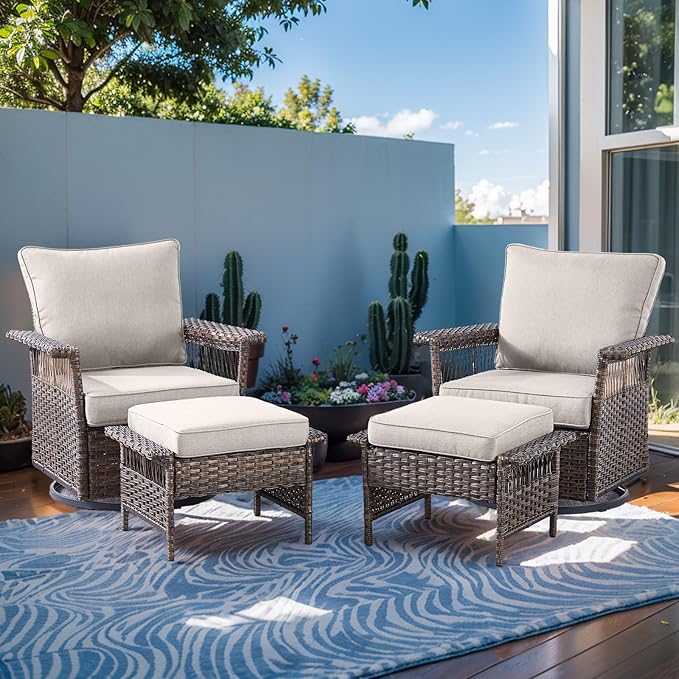 Patio Furniture Set 2 Wicker Swivel Glider Chairs with 2 PE Rattan Ottomans Brown Wicker Beige Cushions Patio Conversation Set 4pcs for Garden Balcony Sunroom Backyard