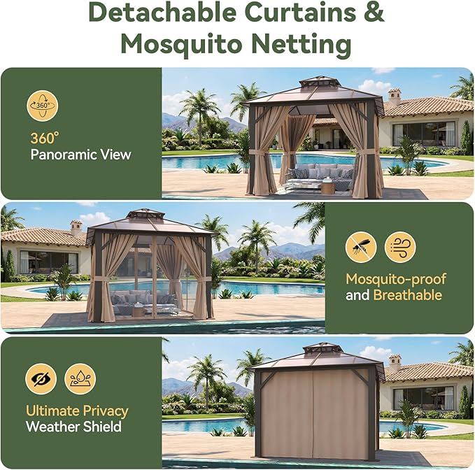 10’x10’ Hardtop Gazebo with Double Polycarbonate Roof Outdoor Metal Gazebo Sturdy Aluminum Frame & Removable Curtains, Netting Permanent Pavilion Pergola for Garden,Patio,Lawn (Brown)