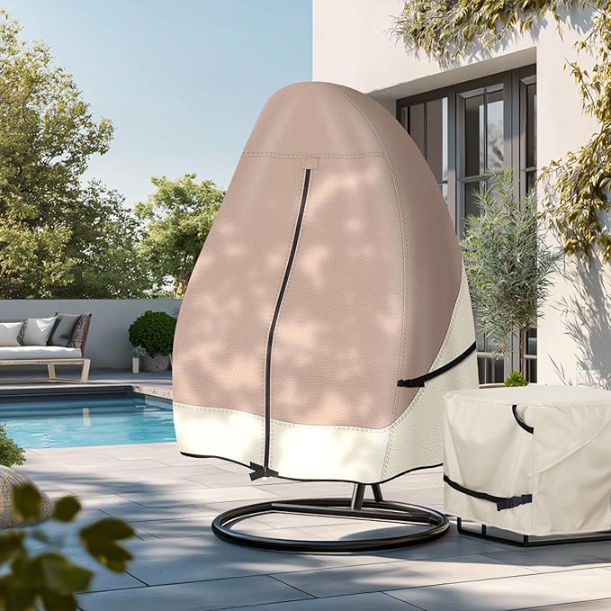 Porch Shield Patio Hanging Egg Chair Cover - 600D Waterproof Outdoor Single Seat Wicker Swing Egg Chair with Stand Protector, Light Tan & Khaki