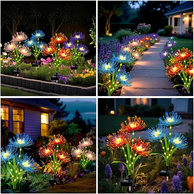 Solar Garden Flower Lights Outdoor,4 Pack 4 Colors Spider Lily Waterproof with Glowing Stems,Elegant Yard & Patio Decor,Ideal Mother's Day & Gardening Ornament or Gifts for Women,Mothers &Grandma