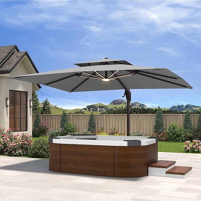 10' X 13' Cantilever Patio Umbrella with Base Included and Led Lights Double Top Rectangular Outdoor Large Offset Umbrellas with 7 Tilts Adjustable 360°Rotation for Deck Pool Garden Backyard, Grey