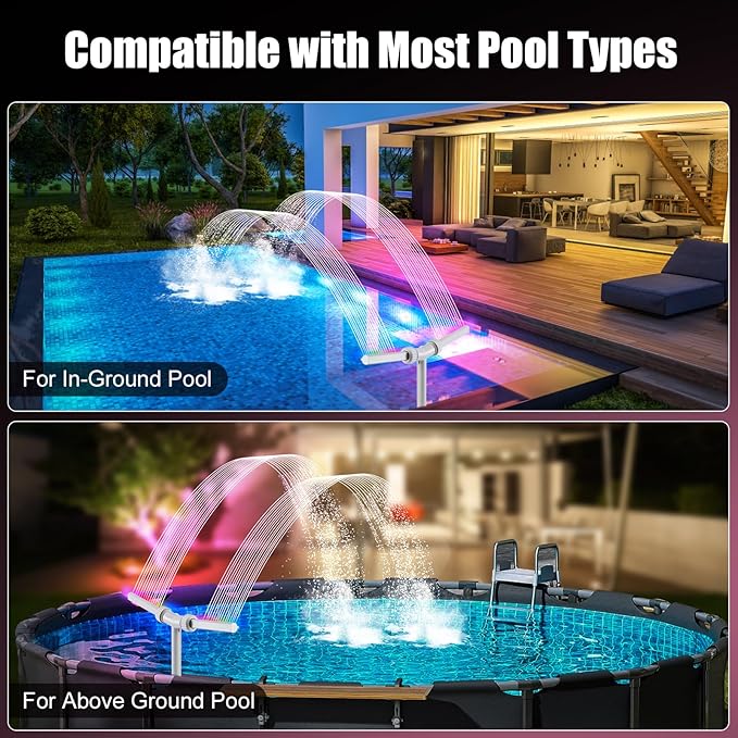 Pool Fountain with Lights for Above Ground Inground Pools Dual Sprayer Sprinkler with 6Lighting Modes+11 Monochromatic Modes+Timer, Pool Lights with Remote, Solar Pool Fountain