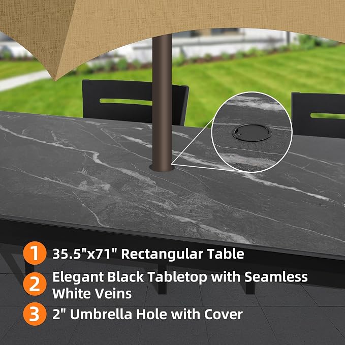 7PC Aluminum Outdoor Patio Dining Set, 71" Rectangular Dining Table with Black Marble Sintered Stone Top, 4 Chairs & 2 Cushioned Swivel Rockers, All-Weather Patio Furniture