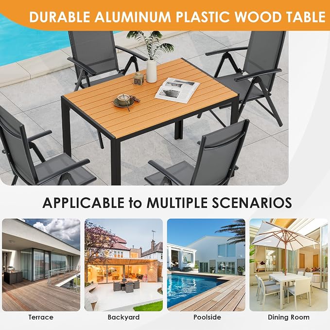 TLSUNNY Outdoor Dining Table 43×28in，Rectangle Patio Dining Table with Aluminum Frame & WPC Tabletop, Weather Resistant, Ideal for Patio, Garden, Porch, Brown