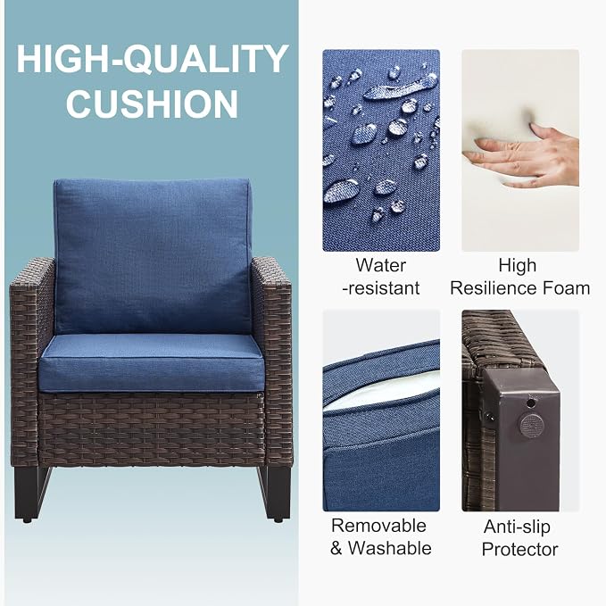 Belord 5 Pieces Wicker Patio Furniture Set: 4 Outdoor Club Chairs Patio Conversation Set with 50000BTU Propane Fire Pit Table, All Weather Brown Rattan Anti-Rust Frame, Blue Cushion