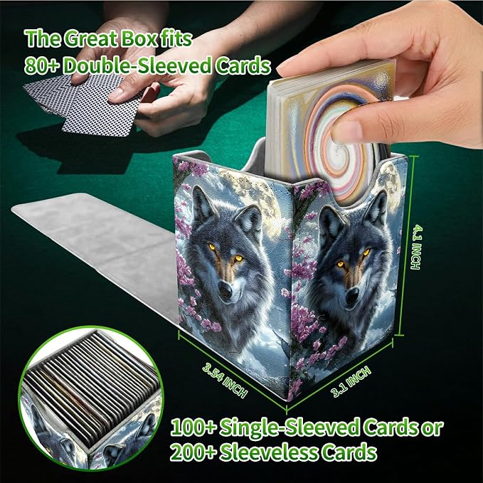 Cherry Blossom Gray Wolf Card Deck Box for MTG, Personalized Card Storage Case Fits 120+ Sleeved Cards, Premium Leather TCG Box with Strong Magnetic Closure for Magic, PTCG, Baseball Cards