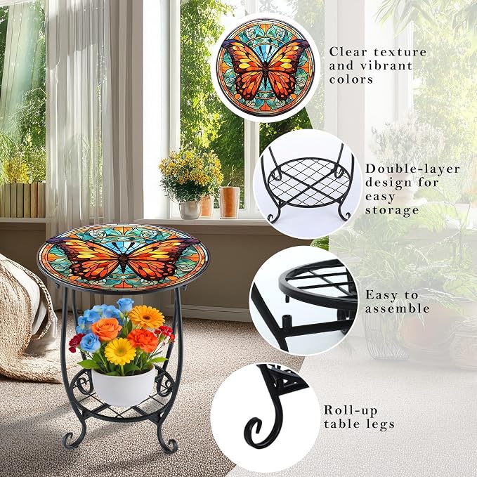 Cinnvoice Outdoor Side Table Round Small Mosaic Patio Accent Indoor End Plant Coffee Tea Table for Yard Patio Porch Garden Living Room, Bedroom(Butterfly B Style,12 Inch)