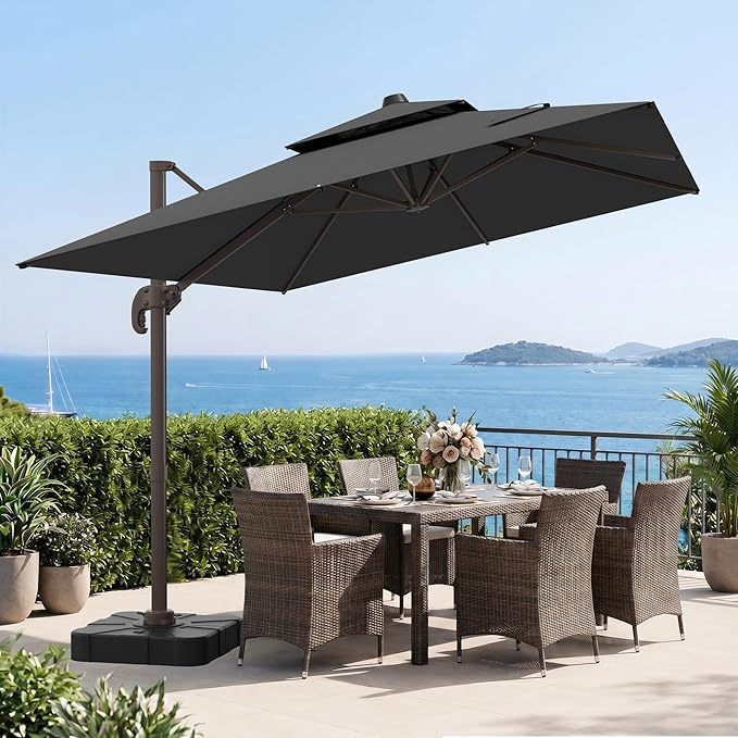 VEGOND 9x12 FT Patio Cantilever Umbrella with Base, Rectangular Heavy Duty Offset Umbrella for 6-8 People, 360°Rotation & Mult Tilt, Double Top Design, for Pool Garden Deck (Grey)