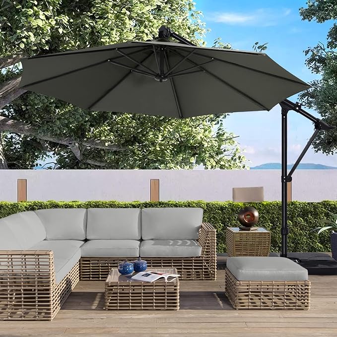 ABCCANOPY 10FT Cantilever Patio Umbrella with Base Stand, Offset Hanging Outdoor Umbrella, 360° Rotation & Tilt Adjustment,Suitable for Pool, Deck, Garden, Backyard（Dark Gray）