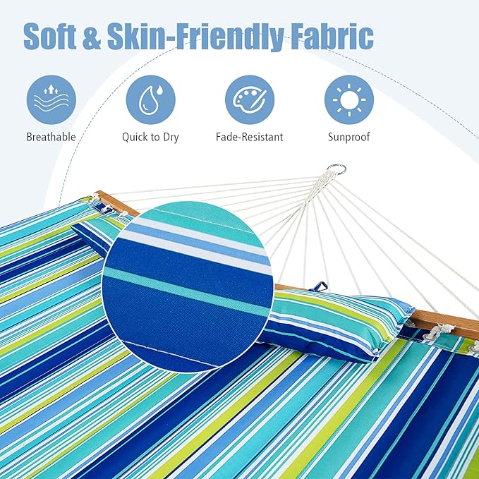 GYMAX Hammock, Portable Hammocks with Spreader Bars & Detachable Pillow, Quick Dry Adjustable Folding Camping Hammock for Outdoor Patio Beach Picnic Poolside