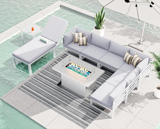 RADIATA 9 Pieces Aluminum Patio Furniture Set with Fire Pit Table, Modern Outdoor Sectional Sofa, Large Conversation Seat with Thick Cushion for Garden Backyard Deck Porch (White)