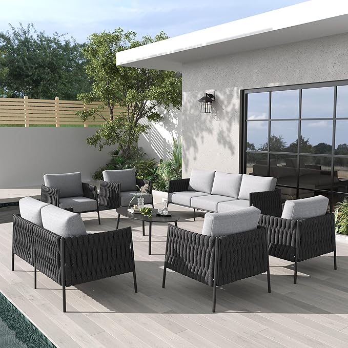 LayinSun 7 Piece Outdoor Furniture Set with Coffee Table, Modern Rope Woven Patio Conversation Sofa Set with Olefin Braid and Deep Seating