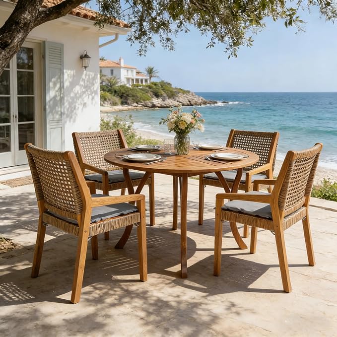 Christopher Knight Home Verle Wooden Patio Dining Set for 4, Acacia Wood Outdoor Dining Table Set for 4, 5 Piece Outdoor Dining Set with Round Table and Armchair with Seat Cushion, Teak+Grey