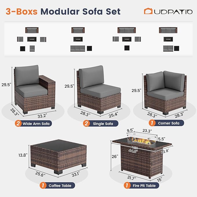 UDPATIO Patio Sectional Sofa with Fire Pit Table, 8 Inch Armrest 7-Piece Wicker Conversation with Waterproof Cover for Backyard Deck, Brown/Dark Grey