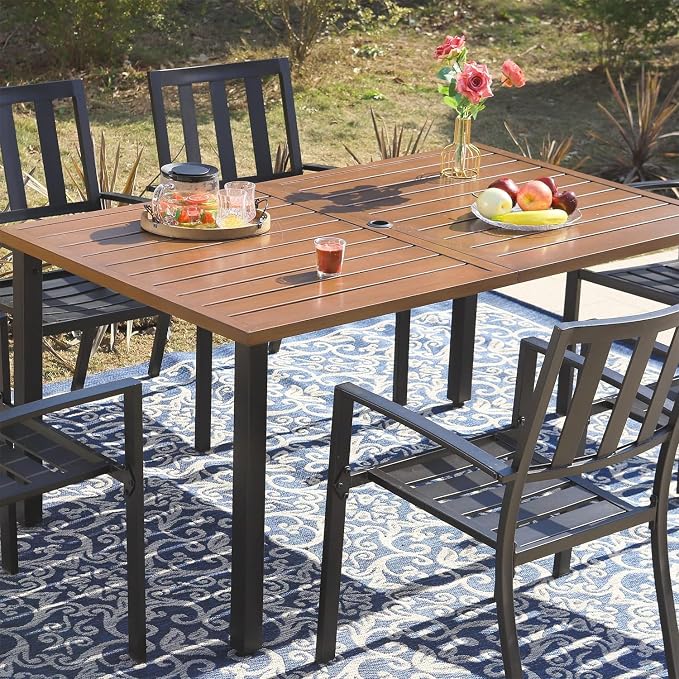 SUNSHINE VALLEY Patio Dining Set,Wood-Like Metal Table w/Umbrella Hole | 60x36 Table&6 Pcs Rust-Proof Stackable Chairs, Outdoor Table and Chairs Set for Backyard Garden Deck