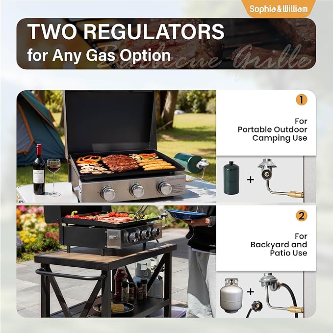 Sophia & William 22" Flat Top Grill with Lid & Ceramic Coated Cast Iron Pan, 3-Burner Portable Tabletop Gas Propane Griddle for Outdoor, BBQ, Camping & Tailgating Barbecue, 24,000 BTU
