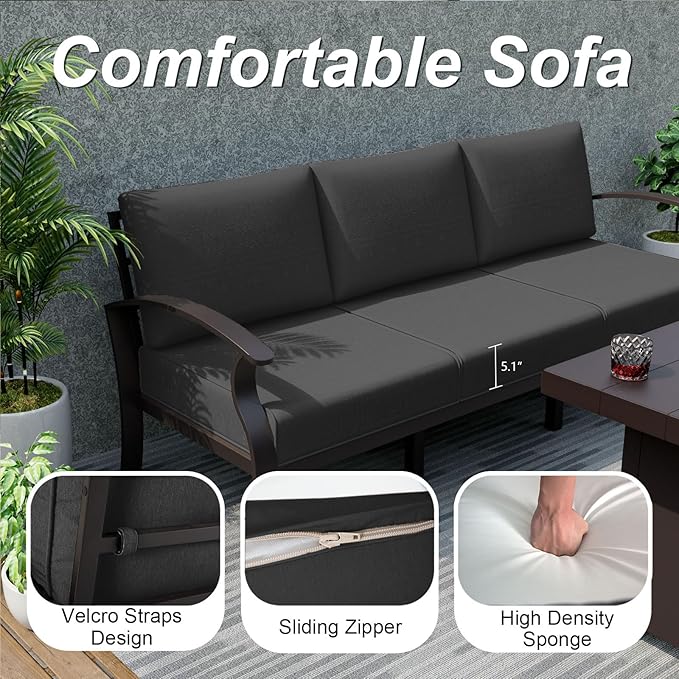 ALAULM Aluminum Patio Furniture Set with Round Coffee Tables, 5-seat Outdoor Sectional Furniture w/5.1" Cushions, Patio Conversation Set for Porch, Backyard, Poolside-Black