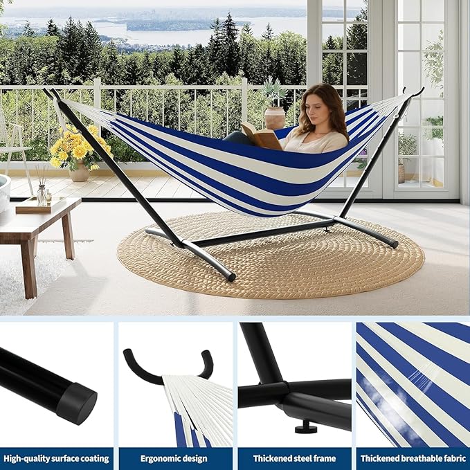Double Hammock with Steel Stand, Outdoor Portable Hammocks Accommodates with 450Lb Capacity 2 People& Portable Carry Bag for Outside Camping Garden Yard,Blue+White
