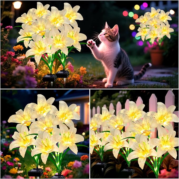 Solar Lights Outdoor, Gift for Women Mom Grandma Wife Daughter, 4 Pack 16 Solar White Lily Flower Lights, Solar Flower Lights Waterproof, Outside Decor Stake Light for Landscape Yard Patio Lawn Garden