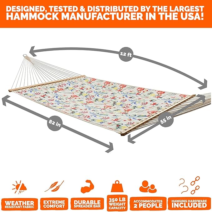 Castaway Living Large Tropical Print Quick-Dry Polyester Hammock – 12 ft. x 55 in., 350 lb Capacity, Free Extension Chains & Tree Hooks – Ideal for Poolside, Beach & Backyard Use