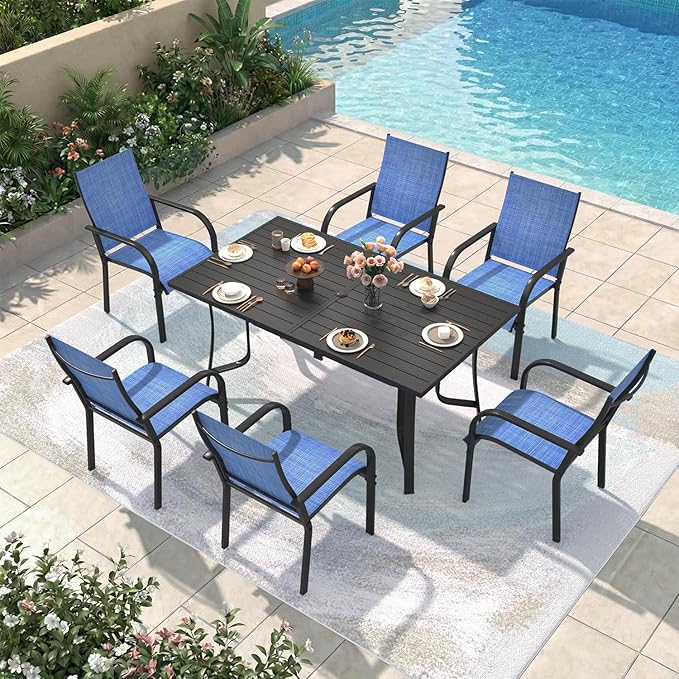 7 Pieces Patio Table and Chairs Set, 63" Metal Dining Table with Umbrella Hole & 6 Textilene Fixed Chairs, Dining Table Set for 6, Outdoor Furniture for Porch Deck Backyard Balcony, Blue