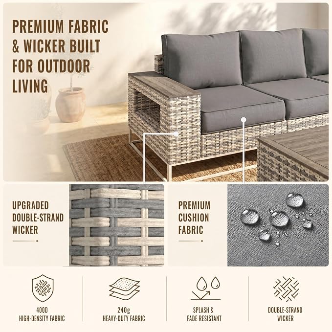 12-Piece Outdoor Patio Furniture Set, Modern PE Wicker Outdoor Sectional Sofa with Storage Armrests & 5.5" Thick Cushions, L-Shaped Couch for Deck, Porch, Backyard, Charcoal Gray