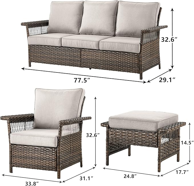 Outdoor Wicker Patio Furniture Set - 5 Piece Rattan Patio Conversation Sets with 2 Wicker Chairs,2 Ottomans and 1 Sofa for Porch Deck Garden(Brown/Beige)