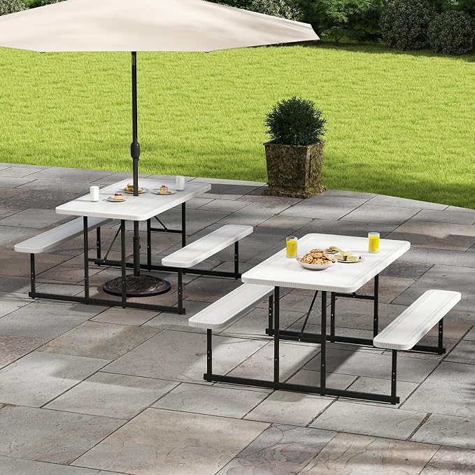 Picnic Table Set for 2-4 People, Umbrella Hole, Heavy-Duty Metal Frame & 2 Benches, HDPE Rectangular Outdoor Dinning Table & Benches for Outside, Patio, Garden, Backyard, Porch (White)