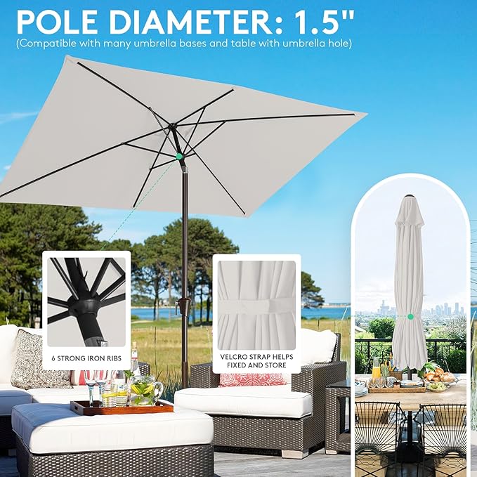 JEAREY 6.5x10ft Olefin Rectangular Patio Umbrella, Rectangle Outdoor Umbrellas with Auto Tilt Crank System, Market Table Umbrella UV Protection Fade-Resistant for Pool Deck Garden Yard, Foggy Gray