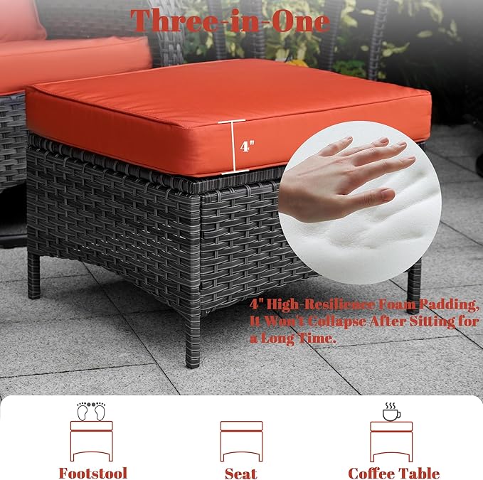 Patio Furniture Conversation Set with Ottomans, 6 Piece Wicker Patio Swivel Rocking Chairs with 360° Swivel Glider and Glass Coffee Table for Porch, Deck, Garden,Red