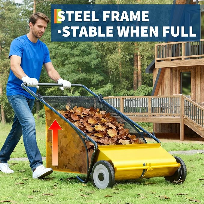 Takywep 26-Inch Push Lawn Sweeper, Anti-Rust Steel Frame, 4 High-Density Brushes, Adjustable Height, 7 Cu.Ft Collection Bag for Yard Debris (Yellow & Black)