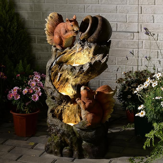 Garden Fountain Outdoor with Built-in Pump & LED Lights - Waterfall Fountain for Patio,Yard, Backyard - Realistic Animal Sculpture