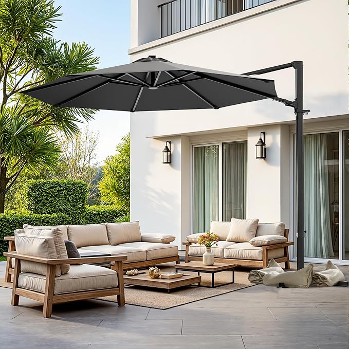 Greesum 10FT Outdoor Patio Umbrella with High Pedel and 4 Gear Heights, Large Offset Market Umbrella with 360-degree Rotation, Without Base, Hanging Outdoor Shade for Garden, Lawn, Pool, Black