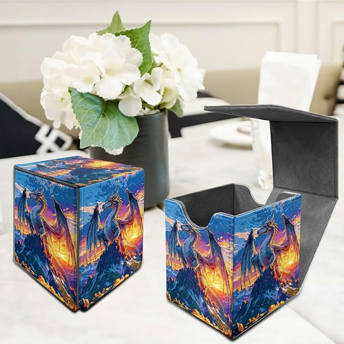 Mountain Sunset Dragon Card Deck Box for MTG, Personalized Card Storage Case Fits 120+ Sleeved Cards, Premium Leather TCG Box with Strong Magnetic Closure for Magic, PTCG, Baseball Cards