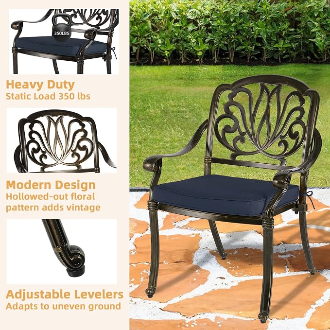 5-Piece Outdoor Patio Dining Set, All-Weather Cast Aluminum Patio Furniture Set for Backyard Garden Deck with 4 Chairs, 4 Cushions and 35.4" Round Table, 2" Umbrella Hole, Navy