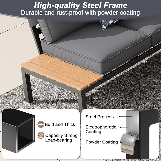 JOYURE 4-Piece Patio Furniture Set,Metal Outdoor Sectional Sofa with Fauxwood Tables &Adjustable Reclining Chair,Patio Modular L Shaped Sofa with Thick Cushions for Backyard,Deck,Balcony,Grey