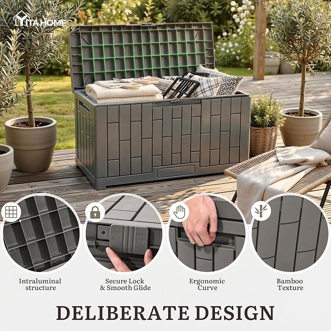 YITAHOME 60 Gallon Resin Deck Box, Weather Resistant Outdoor Rattan Storage Box with Slide-Locking Lid, Lockable Indoor Outdoor Storage for Supplies and Essentials, Taupe